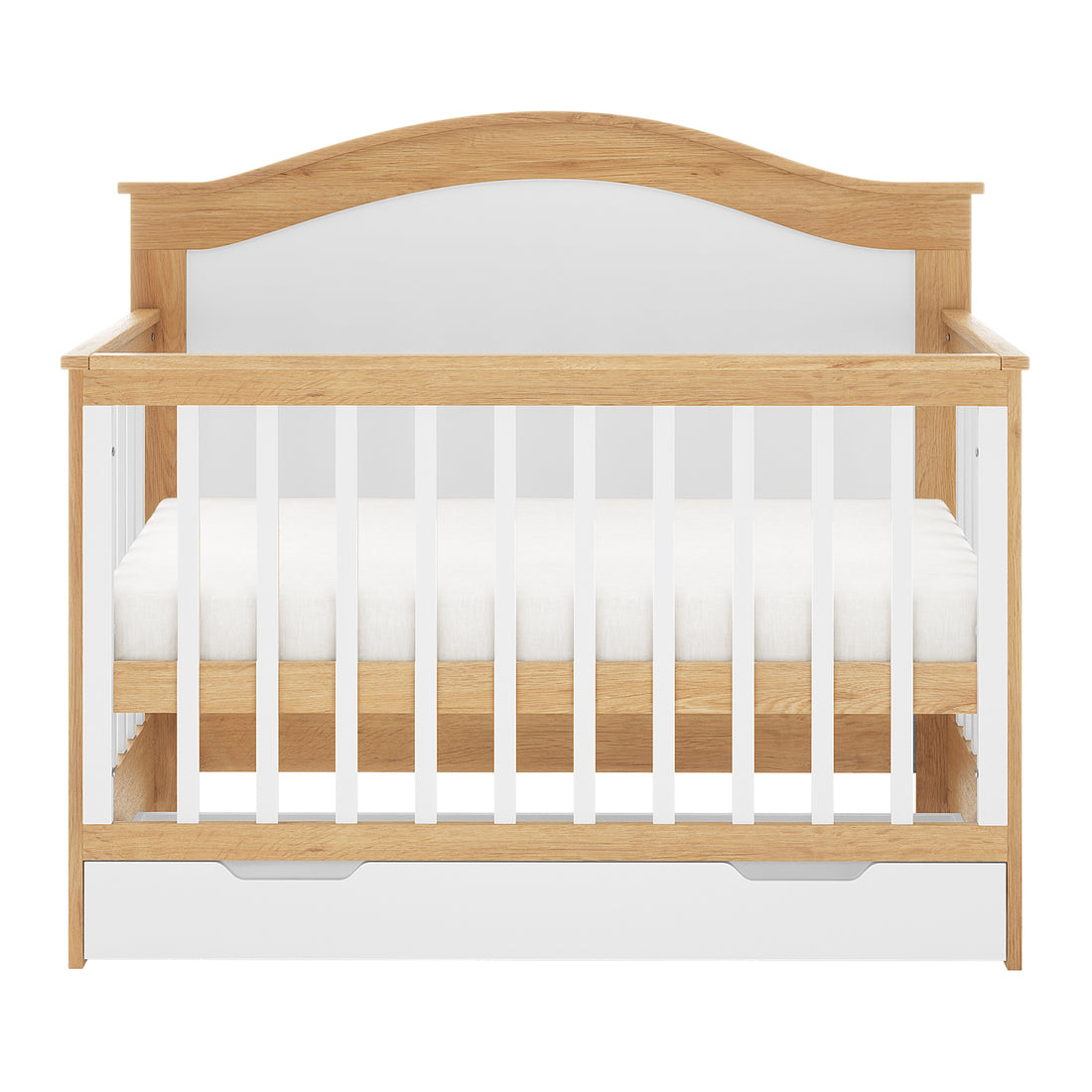 Azeem & Giro Solid Pine Baby Cot with Convertible Rail Set features a light oak-tone wood frame, white slatted sides, a plain white mattress, and a built-in storage drawer, offering versatile functionality.