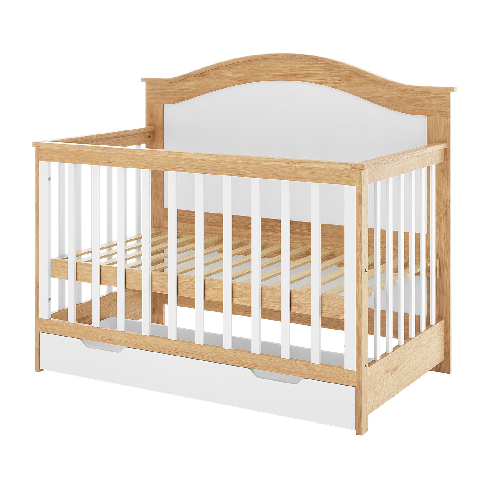 Azeem & Giro Solid Pine Baby Cot, featuring a light oak frame, white slatted sides, and a pull-out storage drawer, designed for versatility and growth with a convertible rail set.
