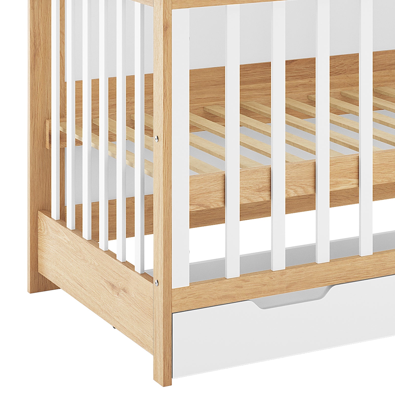Azeem & Giro Solid Pine Baby Cot with Convertible Rail Set features a light-oak frame with white vertical slats, a slatted mattress platform, and a white pull-out drawer for storage.