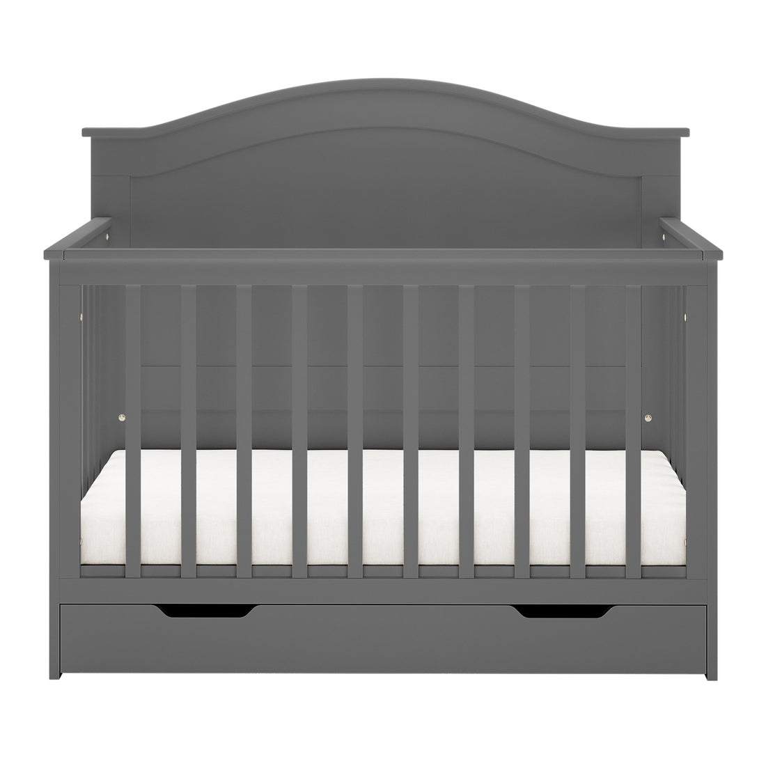 Azeem 3-in-1 Adjustable Solid Pine Baby Cot Grey with vertical slats, arched headboard, white mattress, and pull-out storage drawer, showcasing its convertible design and solid pine craftsmanship.