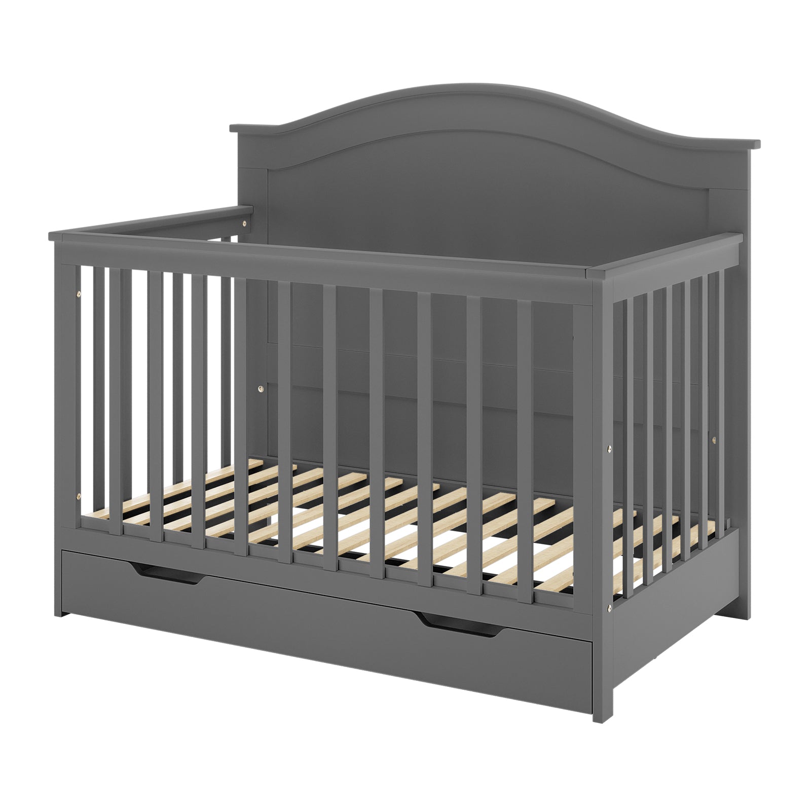 Azeem 3-in-1 Adjustable Solid Pine Baby Cot Grey featuring slatted sides, arched headboard, visible mattress support, and integrated pull-out storage drawer, designed for safety and functionality.