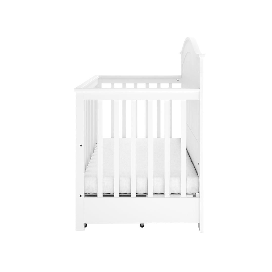 Azeem Baby Cot with slatted rails and simple headboard, paired with Gettel 10cm Nursery Mattress. Crafted from solid pine, this set ensures sturdy comfort and optimal support for your infant.