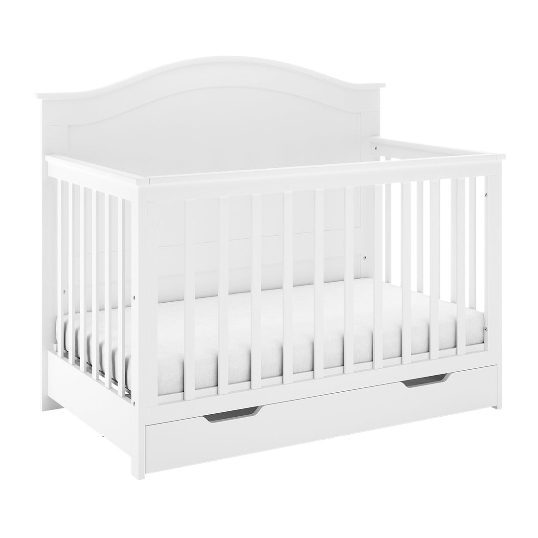 Azeem Baby Cot with vertical slats and curved headboard, featuring a pull-out storage drawer. Includes Gettel 10cm High-Density Foam Knitted Baby Cot Mattress for support and breathability.