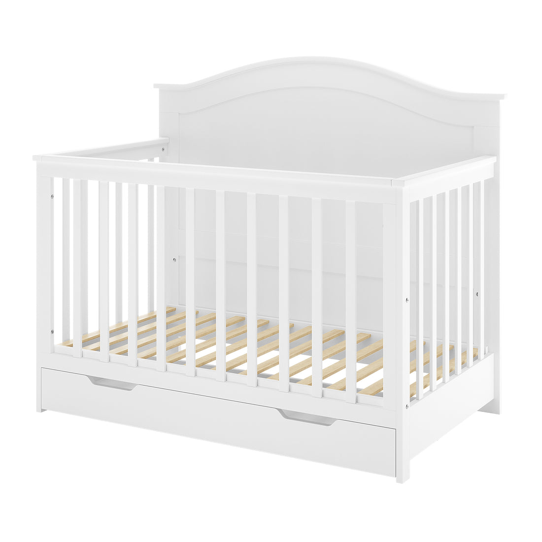 Azeem Baby Cot with vertical slatted sides and arched headboard, featuring a pull-out storage drawer, paired with Gettel 10cm Nursery Mattress for optimal infant support and breathability.