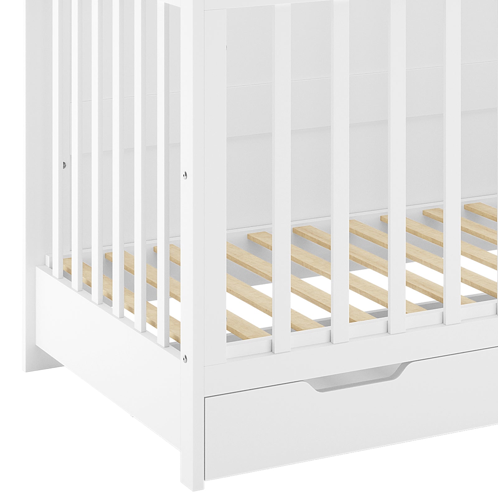 Azeem Baby Cot features a white wooden design with vertical slats and a storage drawer. Paired with the Gettel 10cm Nursery Mattress, it offers a sturdy, supportive sleep environment.