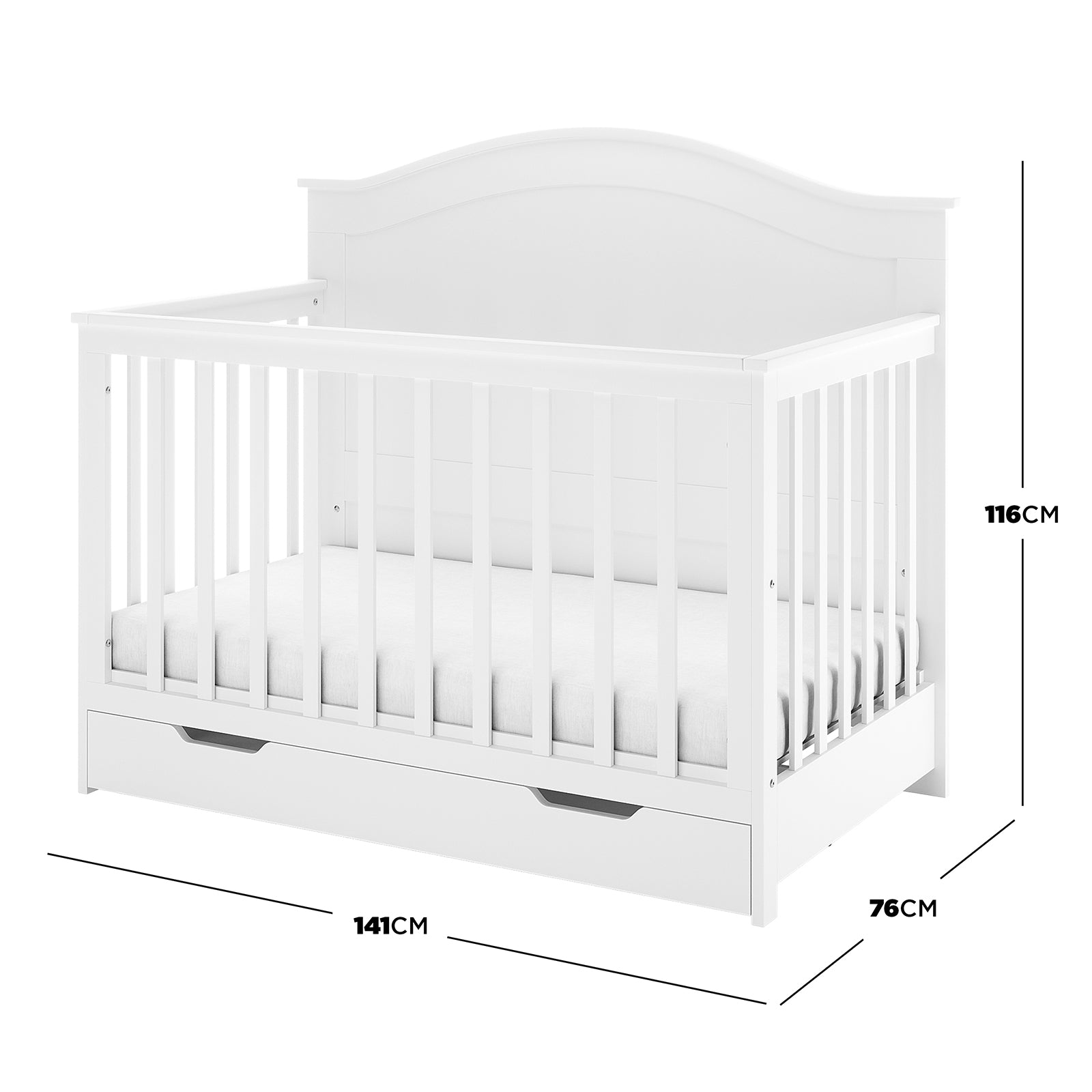 Azeem Baby Cot with built-in storage; solid pine, slatted sides. Paired with Gettel 10cm High-Density Foam Knitted Baby Cot Mattress for comfort and safety. Dimensions: 141cm L, 76cm D, 116cm H.