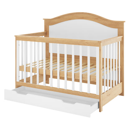 Azeem 3-in-1 Adjustable Solid Pine Baby Cot in Walnut Tone featuring a wooden frame with white slats, natural light-oak finish headboard, and a built-in white drawer for storage.
