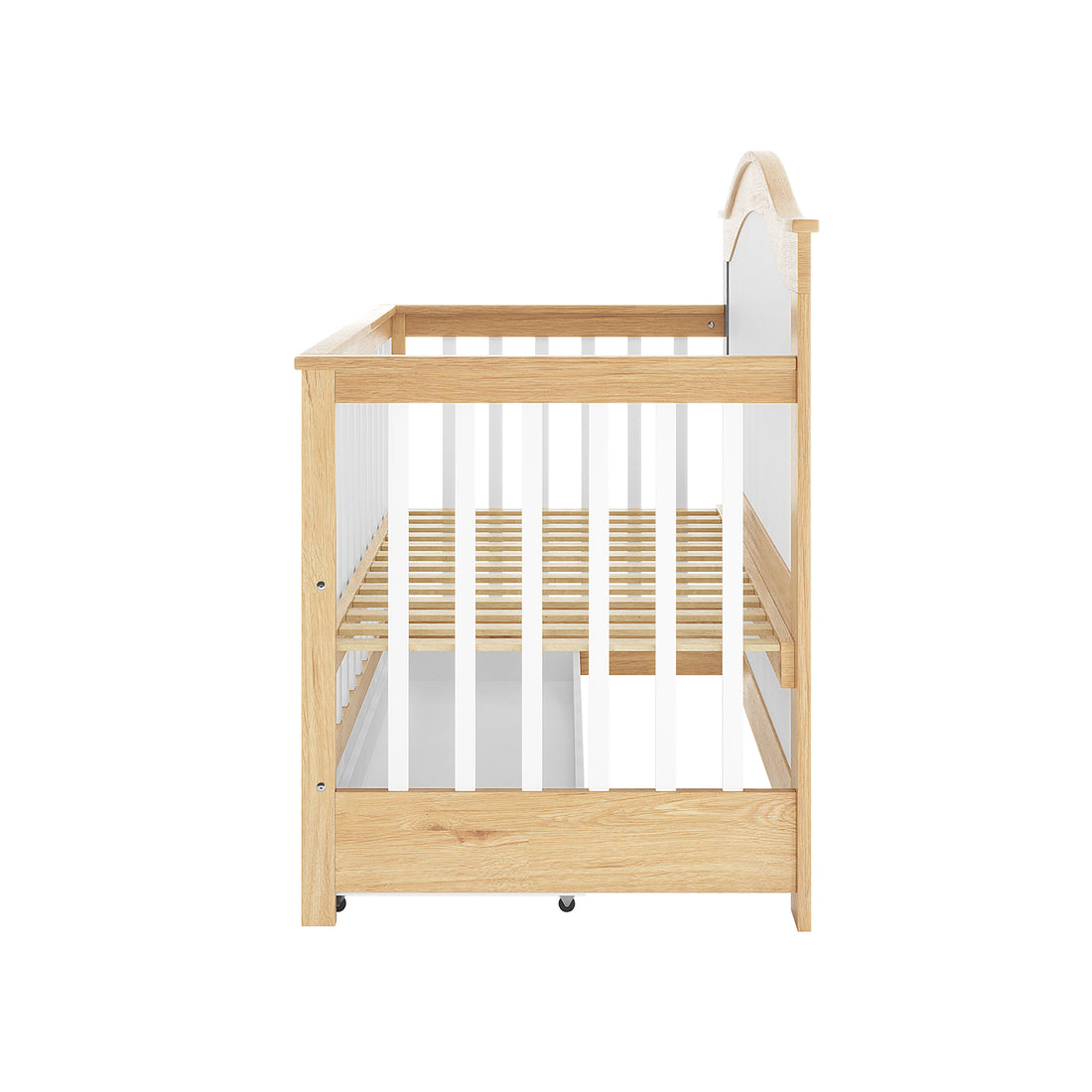 Azeem 3-in-1 Adjustable Solid Pine Baby Cot White Natural features a light-oak finish, white vertical slats, slatted wood base, and caster wheels for easy movement, without a mattress.