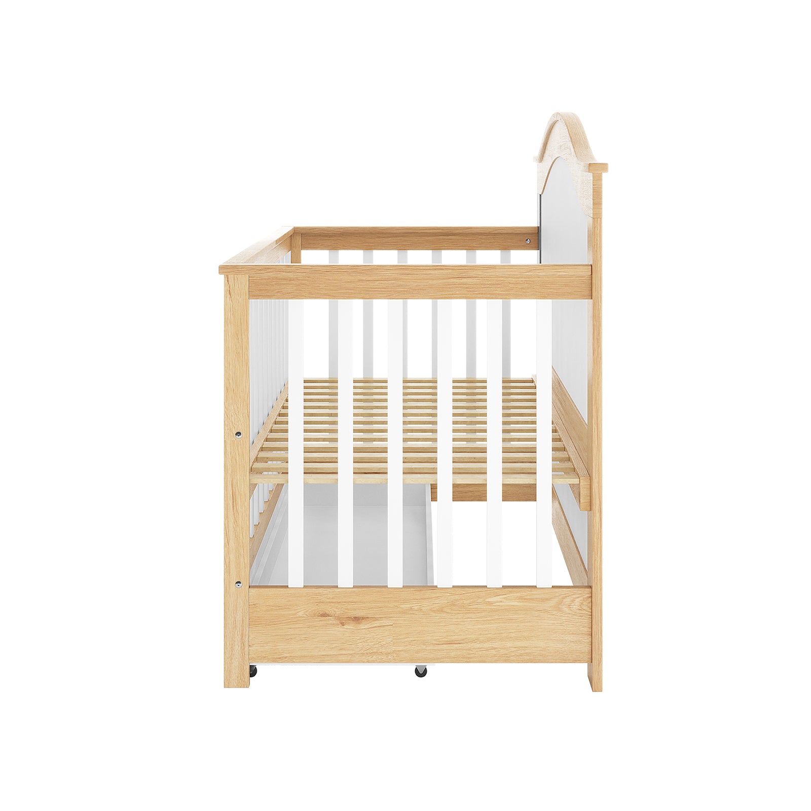 Azeem 3-in-1 Adjustable Solid Pine Baby Cot White Natural features a light-oak finish, white vertical slats, slatted wood base, and caster wheels for easy movement, without a mattress.