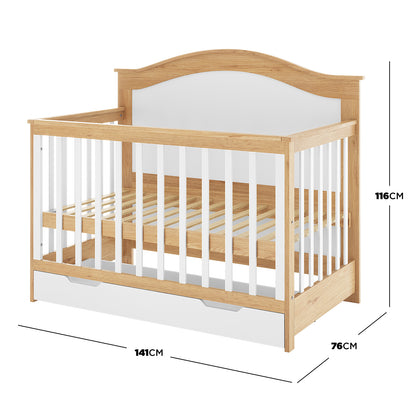 Azeem 3-in-1 Adjustable Solid Pine Baby Cot White Natural features white slatted sides, a pull-out storage drawer, and dimensions of 141x76x116 cm, crafted for safety and adaptability.