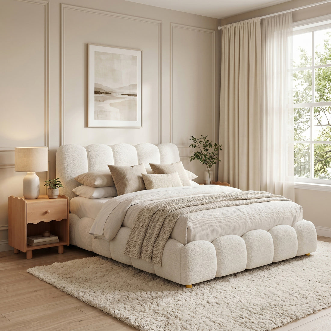 Brent Double Gas Lift Bed in Boucle Cream White