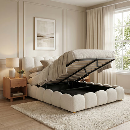 Brent Double Gas Lift Bed in Boucle Cream White