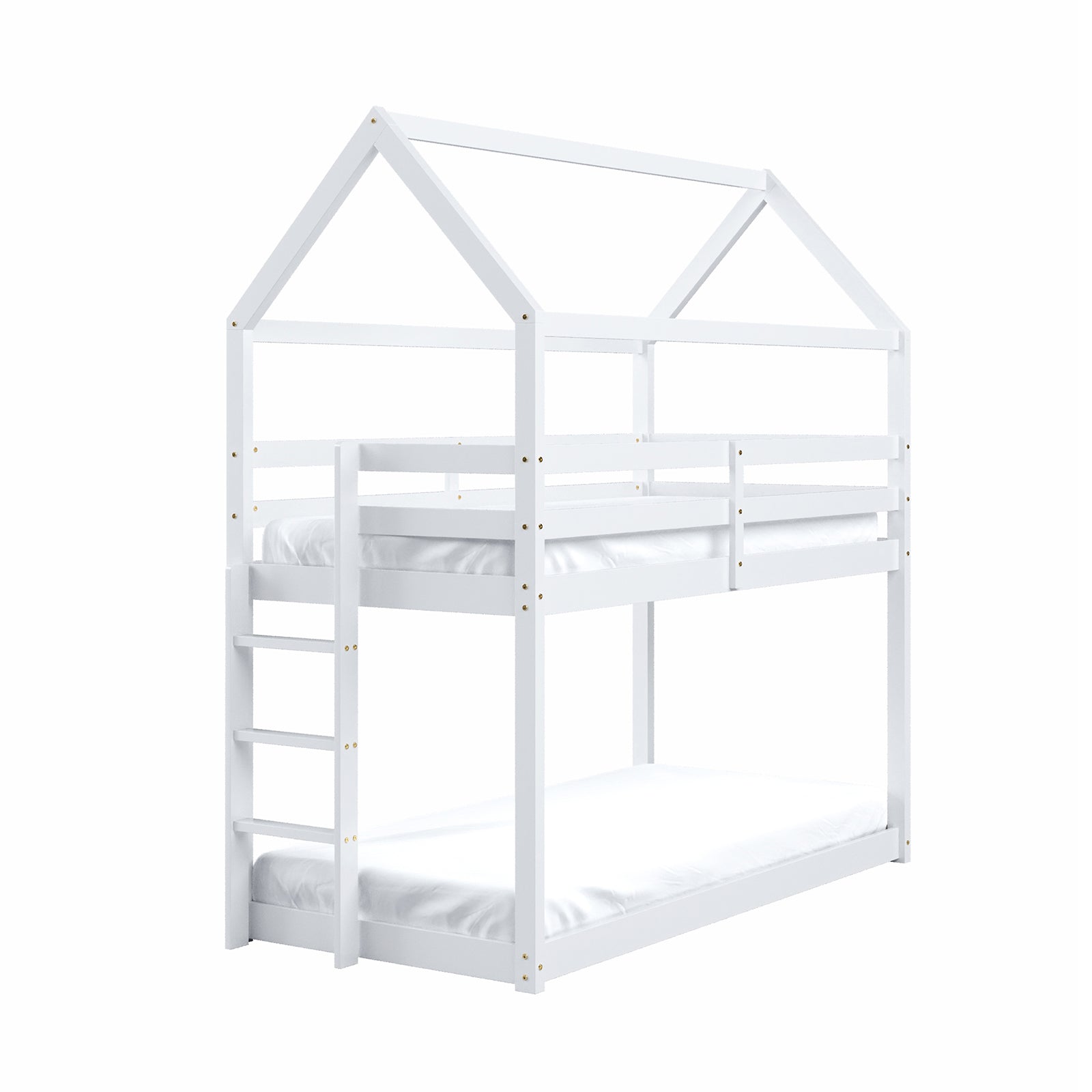 Brook Timber House Design Kids Twin Bunk Bed - White features a charming house-shaped frame with a pitched roof, showcasing sturdy construction ideal for children's rooms, emphasizing safety and space-saving functionality.