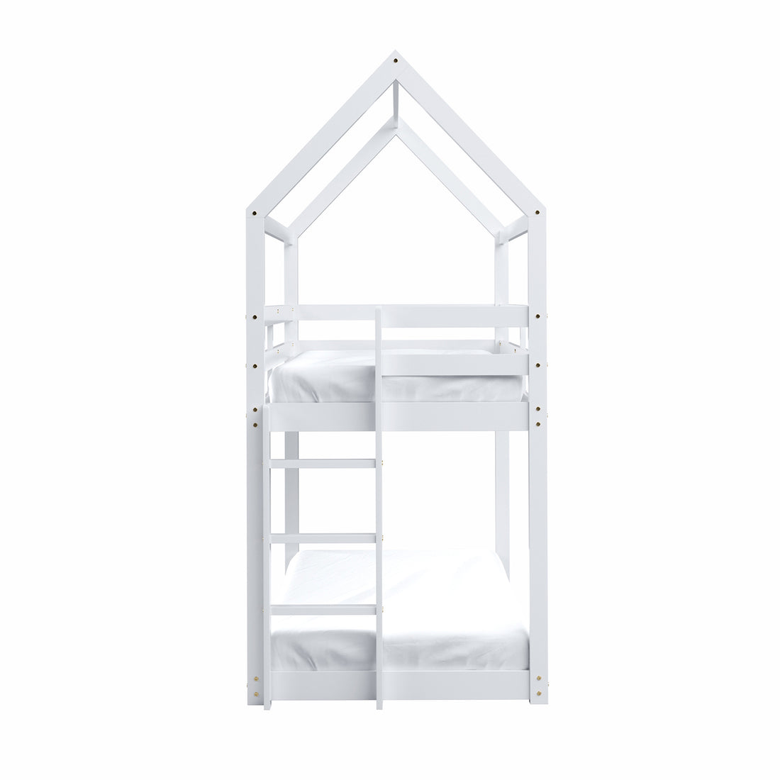 Brook Timber House Design Kids Twin Bunk Bed - White features a charming house-shaped frame with a pitched roof, an easy-to-climb ladder, and a secure top bunk guard rail.