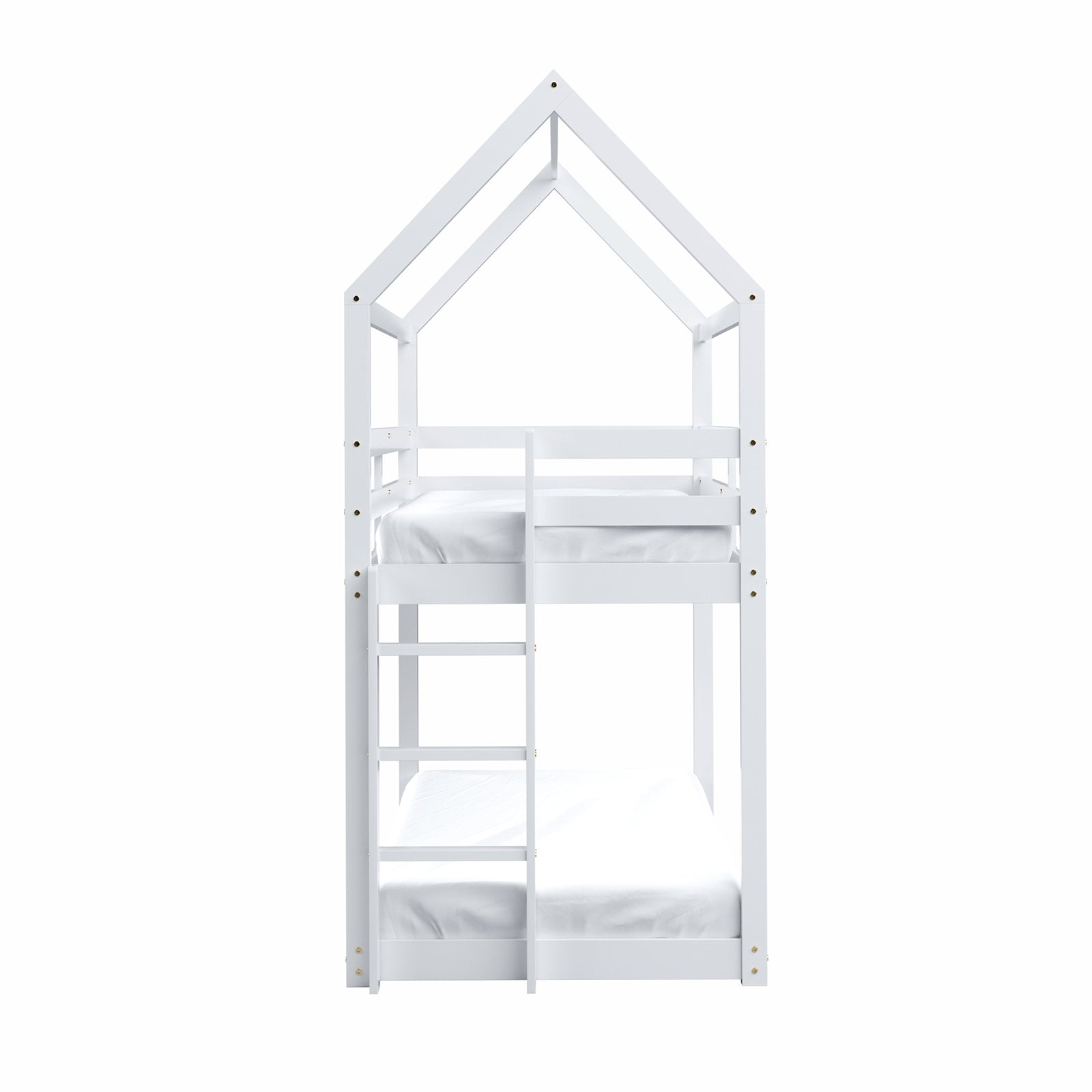 Brook Timber House Design Kids Twin Bunk Bed - White features a charming house-shaped frame with a pitched roof, an easy-to-climb ladder, and a secure top bunk guard rail.