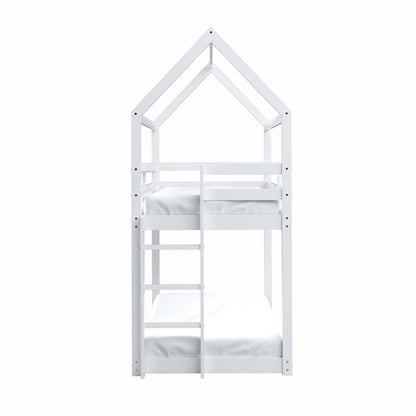 Brook Timber House Design Kids Twin Bunk Bed - White features a charming house-shaped frame with a pitched roof, an easy-to-climb ladder, and a secure top bunk guard rail.