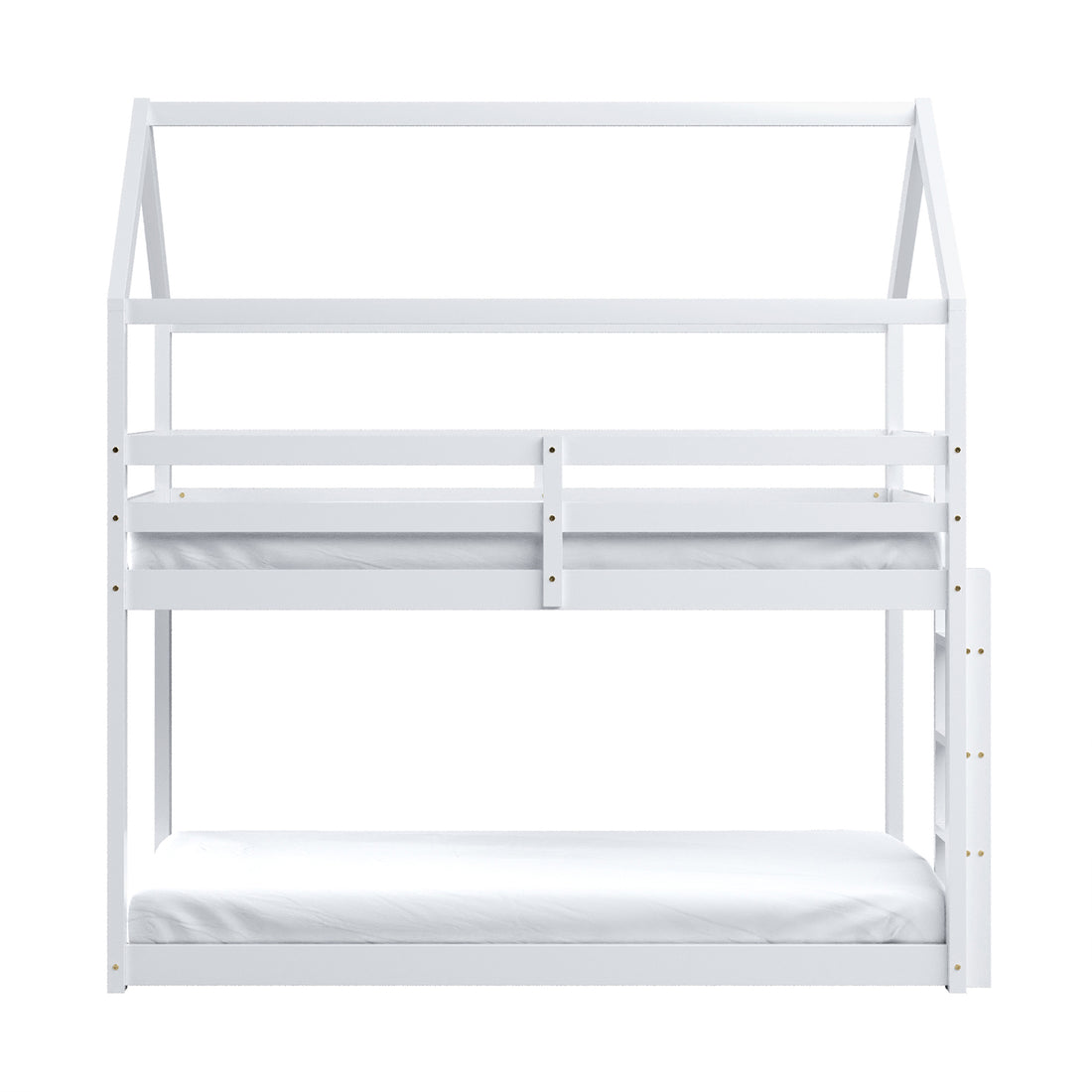 Brook Timber House Design Kids Twin Bunk Bed - White, showcasing a house-shaped frame with a pitched roof, solid pine construction, and a secure guard rail on the upper bunk. Ideal for children's rooms.