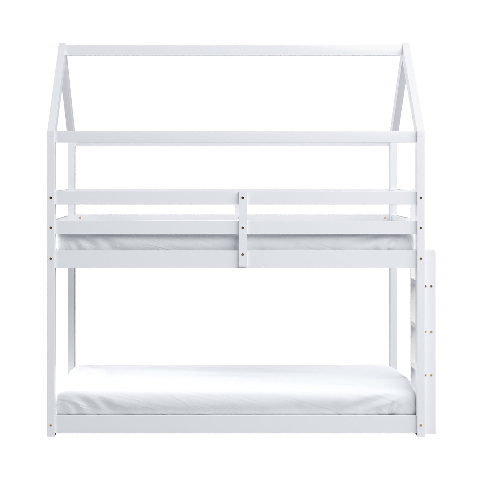 Brook Timber House Design Kids Twin Bunk Bed - White, showcasing a house-shaped frame with a pitched roof, solid pine construction, and a secure guard rail on the upper bunk. Ideal for children's rooms.