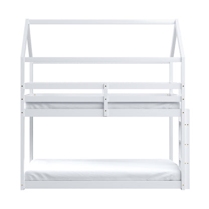 Brook Timber House Design Kids Twin Bunk Bed - White, showcasing a house-shaped frame with a pitched roof, solid pine construction, and a secure guard rail on the upper bunk. Ideal for children's rooms.