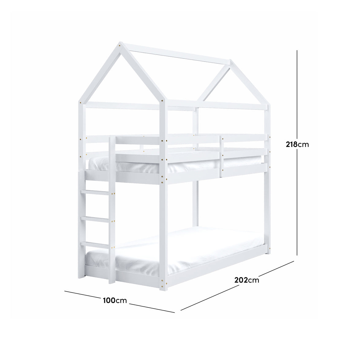 Brook Timber House Design Kids Twin Bunk Bed - White, featuring a house-shaped frame with a pitched roof, ladder, and guard rail, crafted from solid pine wood for a playful yet functional bedroom centerpiece.
