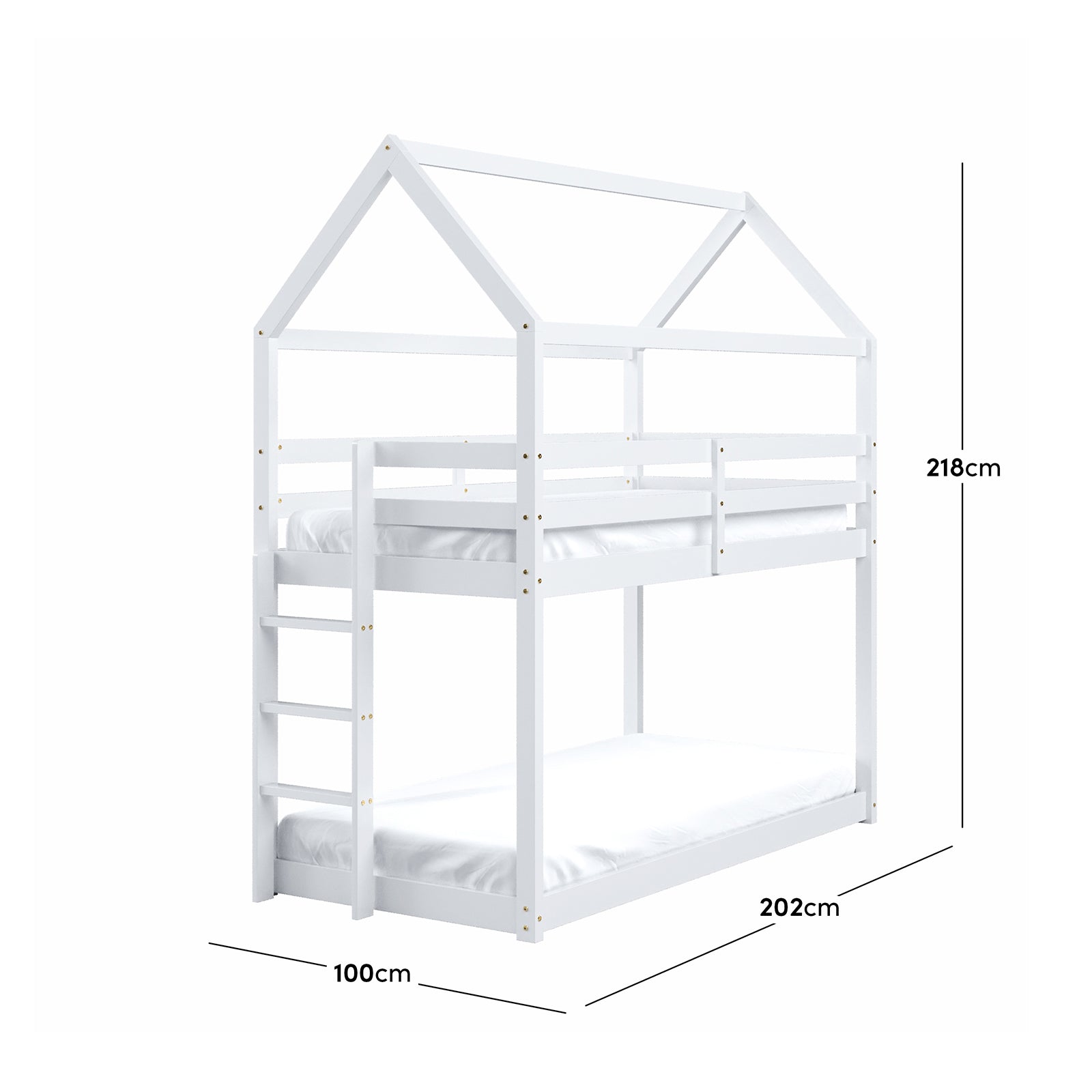 Brook Timber House Design Kids Twin Bunk Bed - White, featuring a house-shaped frame with a pitched roof, ladder, and guard rail, crafted from solid pine wood for a playful yet functional bedroom centerpiece.