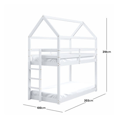 Brook Timber House Design Kids Twin Bunk Bed - White, featuring a house-shaped frame with a pitched roof, ladder, and guard rail, crafted from solid pine wood for a playful yet functional bedroom centerpiece.
