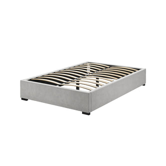 Septima Upholstered Velvet Double Bed Base - Slate: Features a luxurious velvet finish with wooden slats, showcasing sturdy construction and elegant design, perfect for blending into various bedroom decors.