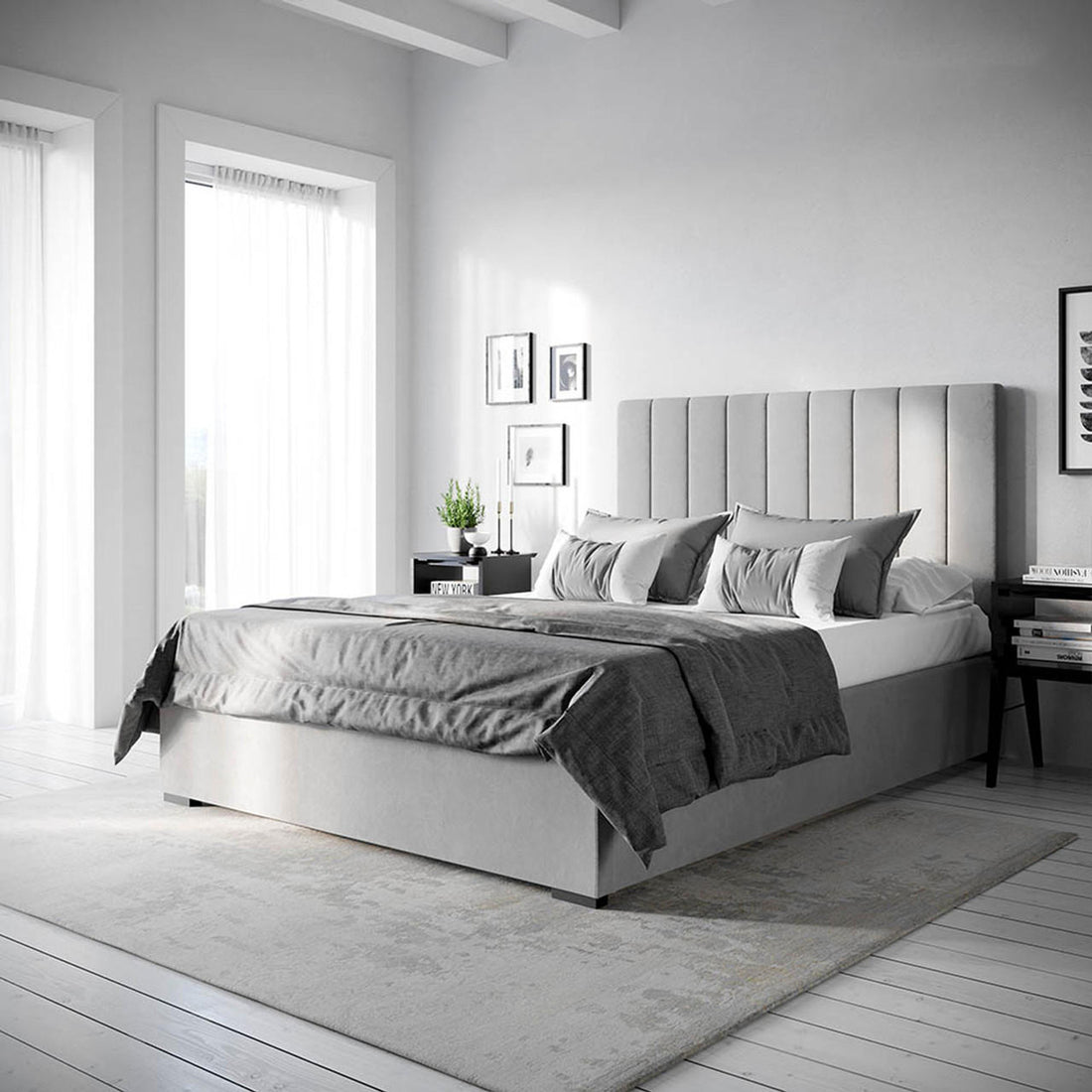 Septima Upholstered Velvet Double Bed Base - Slate; shows a sleek, luxurious bed base with a soft velvet finish, sturdy wooden structure, ideal for modern interiors, enhancing bedroom elegance.