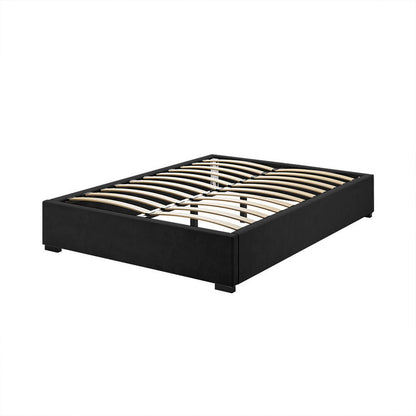 Septima Upholstered Velvet Queen Bed Base - Ink: A black bed frame with wooden slats, featuring luxurious velvet upholstery and a sturdy wood structure, designed for elegance and durability.