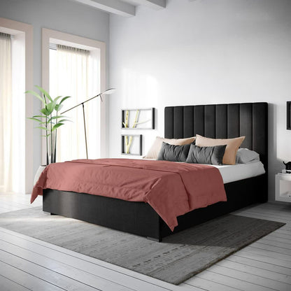 Septima Upholstered Velvet Queen Bed Base - Ink; close-up shows luxurious velvet texture and sturdy structure, promising elegance and durability. Ideal for sophisticated bedroom interiors.