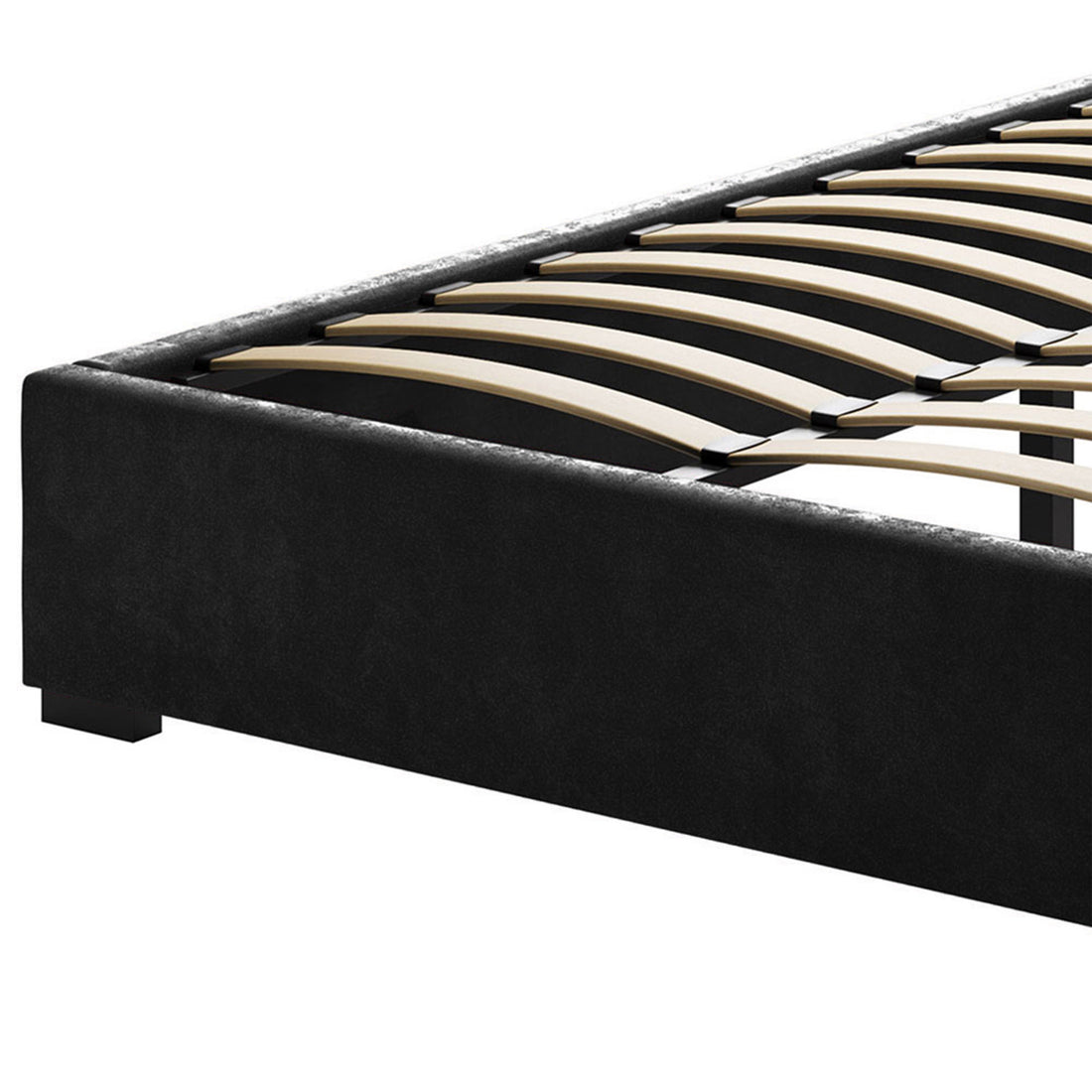 Septima Upholstered Velvet Queen Bed Base - Ink; features a close-up of wooden slats, showcasing its sturdy construction. Elegant ink velvet fabric visible, ideal for sophisticated bedroom decor.
