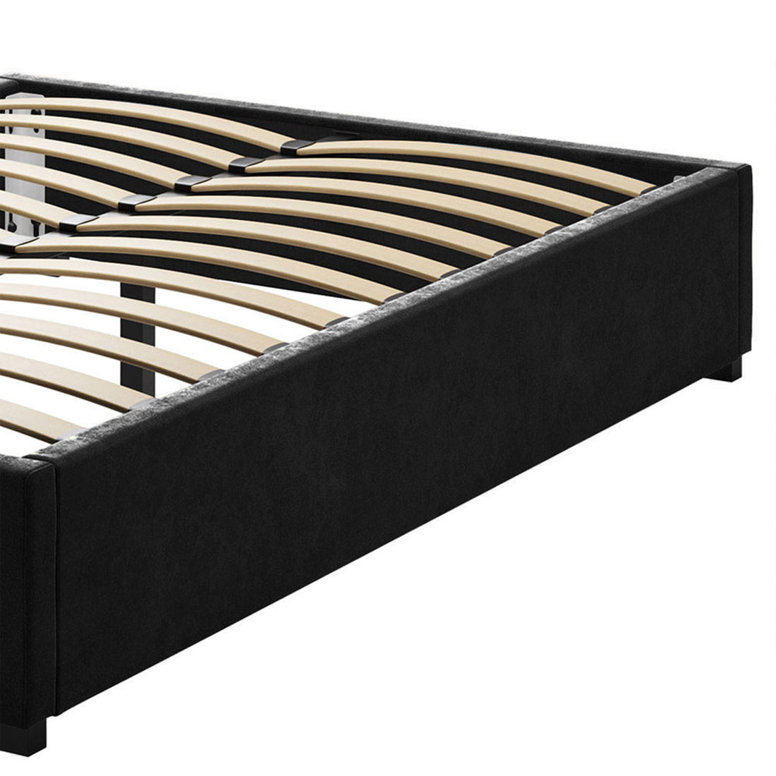 Septima Upholstered Velvet Queen Bed Base - Ink, featuring a sleek black frame with wooden slats, exudes elegance and durability, perfect for enhancing bedroom sophistication.