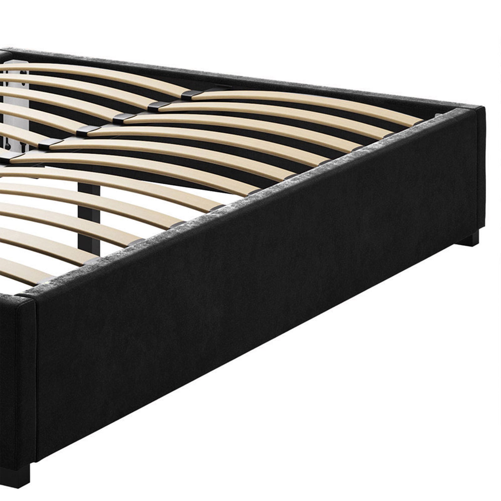 Septima Upholstered Velvet Queen Bed Base - Ink, featuring a sleek black frame with wooden slats, exudes elegance and durability, perfect for enhancing bedroom sophistication.