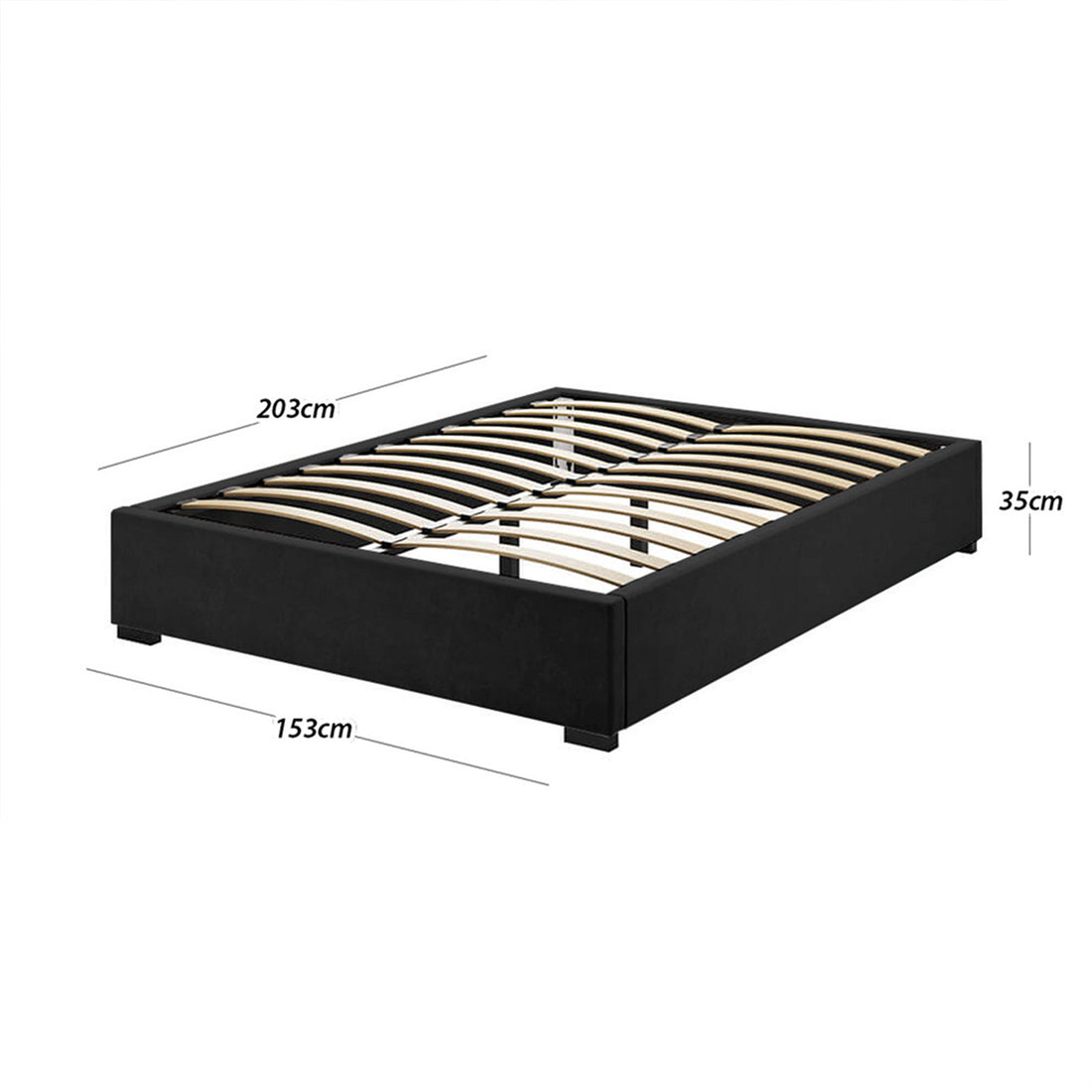 Septima Upholstered Velvet Queen Bed Base - Ink features a black frame with wooden slats, embodying a sleek and timeless design for a sophisticated bedroom look.
