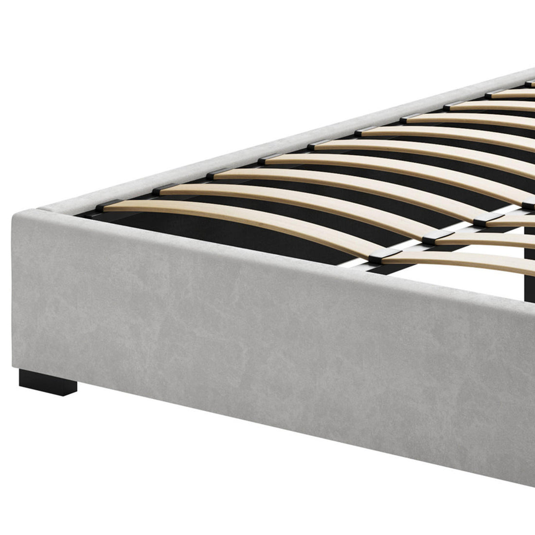 Septima Upholstered Velvet Queen Bed Base in Slate, showcasing a luxurious velvet texture, sturdy wood structure, and beech slatted base, offering elegance and robust support for various bedroom styles.