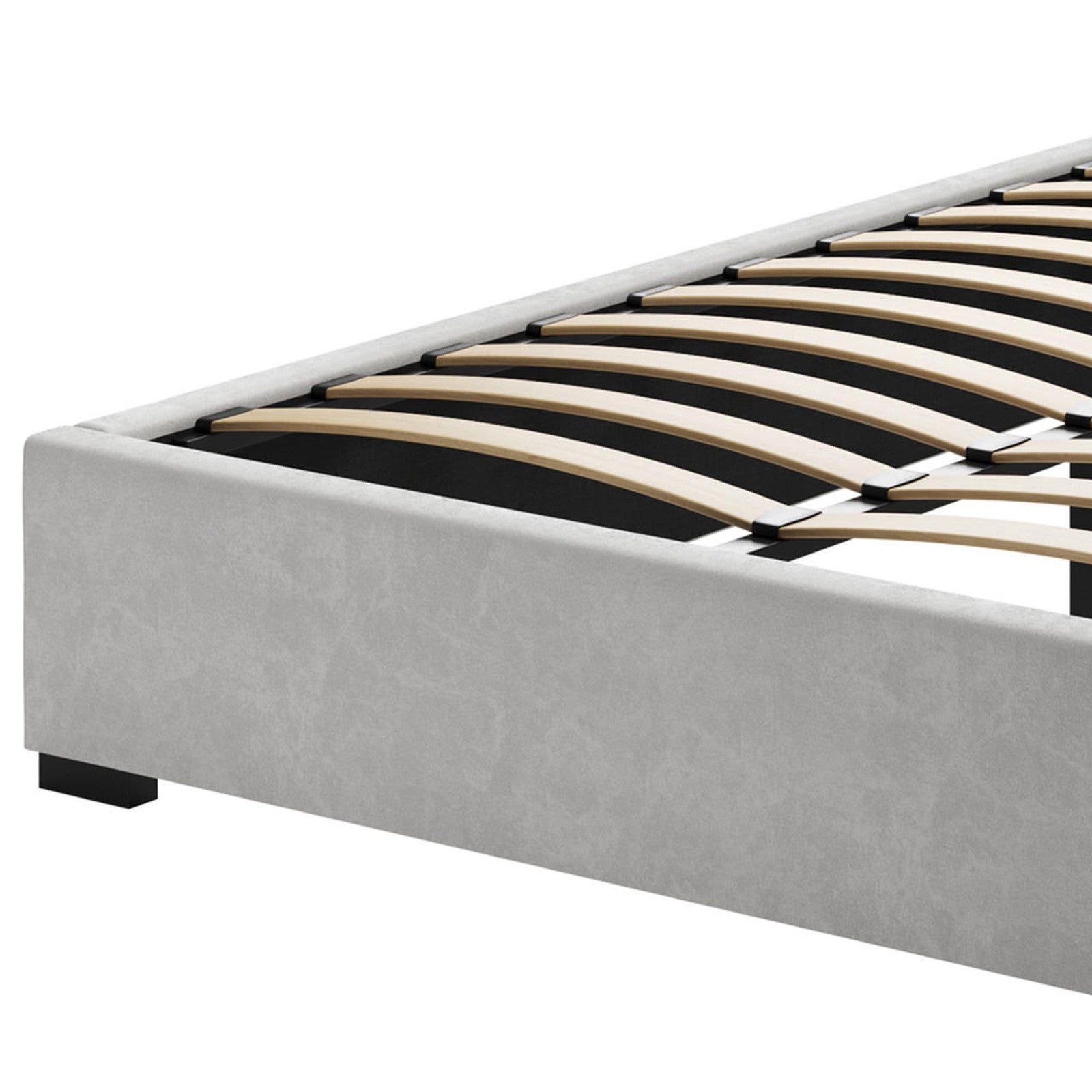 Septima Upholstered Velvet Queen Bed Base in Slate, showcasing a luxurious velvet texture, sturdy wood structure, and beech slatted base, offering elegance and robust support for various bedroom styles.
