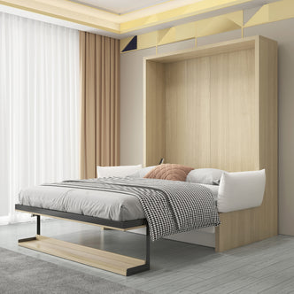 Byron & Cybele Queen Wall Bed & Mattress Package in White showcases a light-wood Murphy bed with a gray duvet, houndstooth throw, and pillows, framed by a tall wooden cabinet and sheer drapes.