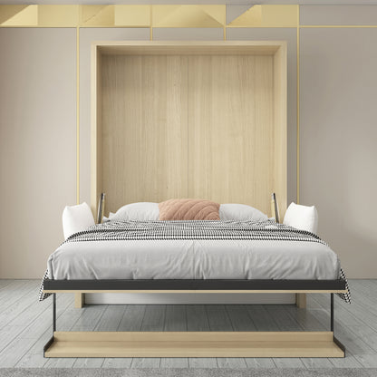 Byron & Cybele Queen Wall Bed & Mattress Package in White features a fold-down bed with natural wood and gold accents, white bedding with a houndstooth throw, and a blush-pink pillow.
