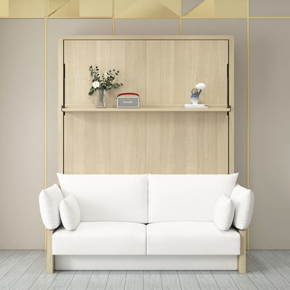 Byron & Cybele Queen Wall Bed & Mattress Package in White, featuring a sleek 2-seater white sofa with matching cushions, set against an oak wall panel with a decorative shelf above.