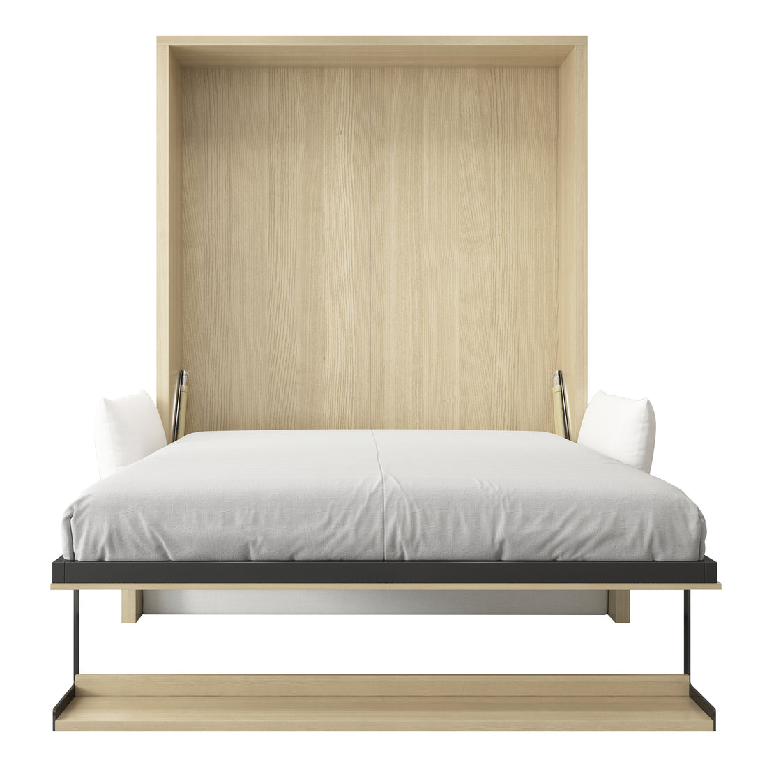 Byron & Cybele Queen Wall Bed & Mattress Package in White: Modern Murphy bed open, light-oak veneer cabinet, black metal frame, white mattress and pillows, showcasing space-saving design and luxurious comfort.