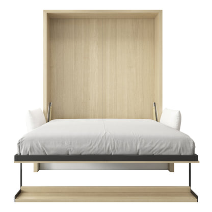 Byron & Cybele Queen Wall Bed & Mattress Package in White: Modern Murphy bed open, light-oak veneer cabinet, black metal frame, white mattress and pillows, showcasing space-saving design and luxurious comfort.