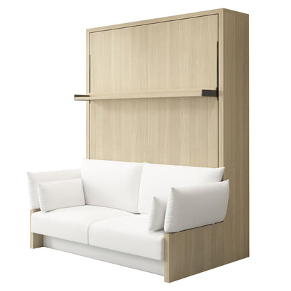 Byron & Cybele Queen Wall Bed & Mattress Package in White: Wall unit with white sofa, fold-down bed hidden behind a light wood panel, narrow shelf across front.
