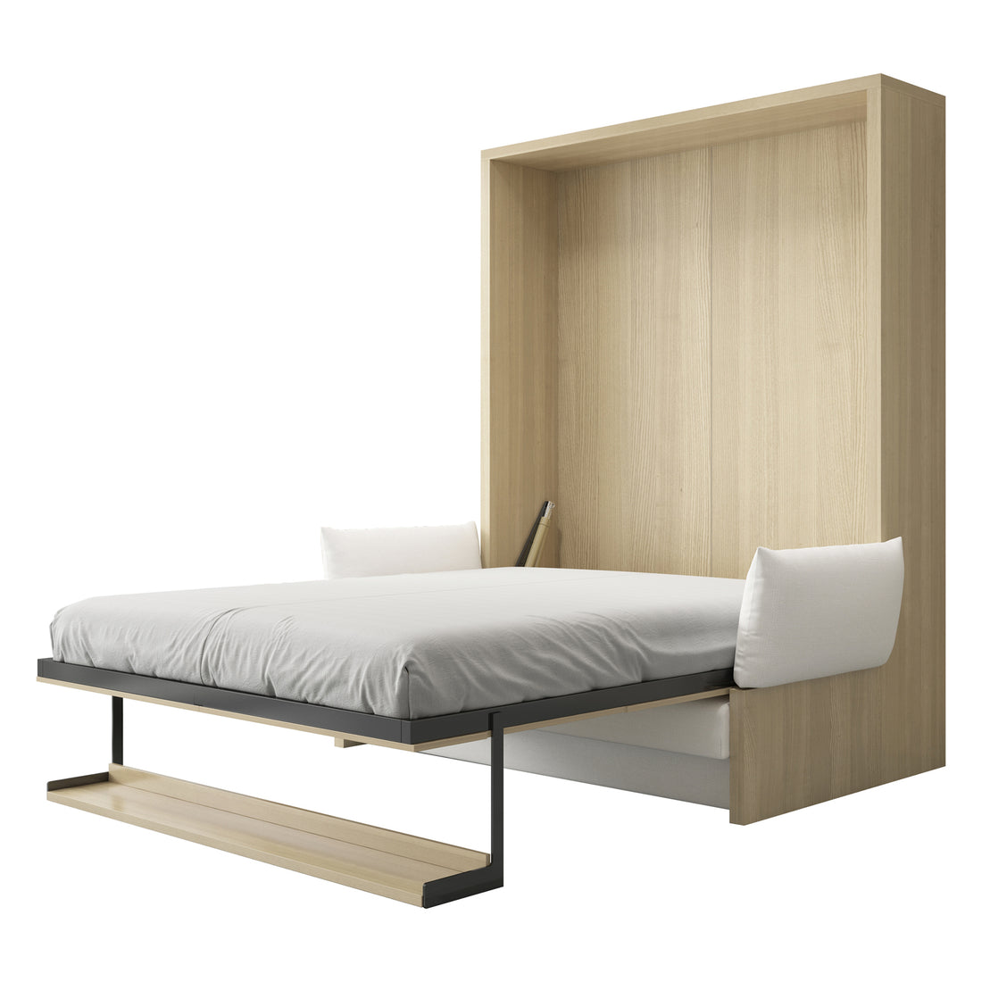 Byron & Cybele Queen Wall Bed & Mattress Package in White features a light wood Murphy bed with a sleek metal frame and white mattress, complete with cushioned bolsters and a slim shelf.