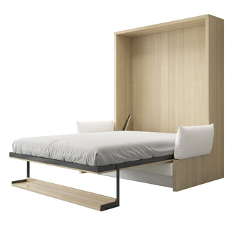 Byron Queen 2-in-1 Foldout Wall Bed & Sofa in White, featuring a light wood cabinet, slim metal-framed bed, upholstered cushions, and a wooden shelf with a black steel leg, showcasing space-saving design.