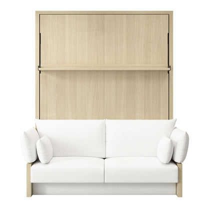 Byron Queen 2-in-1 Foldout Wall Bed & Sofa in White, featuring a two-seat sofa with loose cushions in front of a light-wood wall panel that conceals a fold-down Murphy bed.