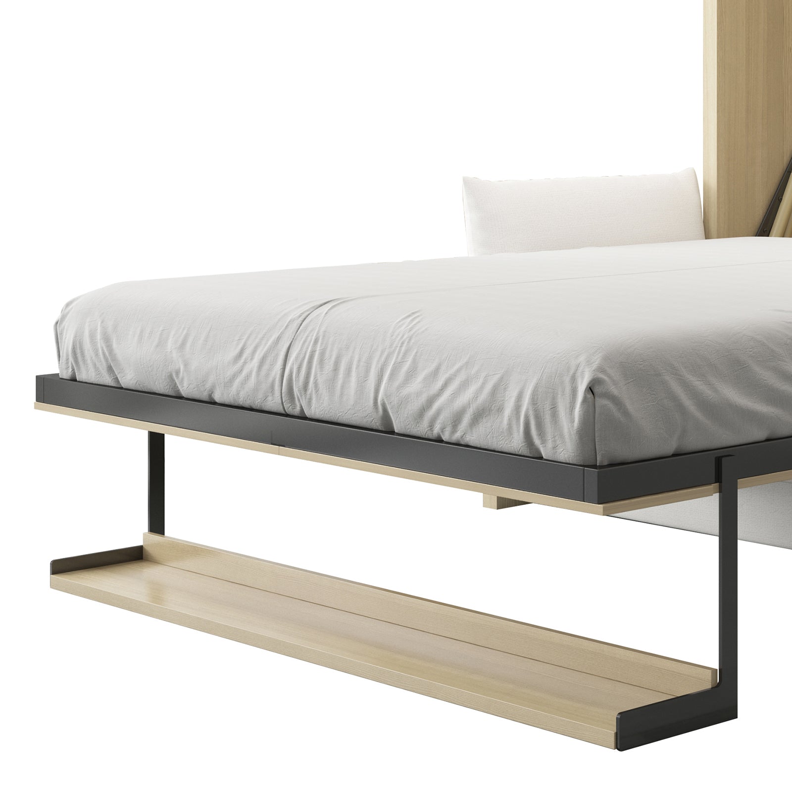 Byron Queen 2-in-1 Foldout Wall Bed & Sofa in White features a minimalist platform bed frame with light wood and black metal legs, including an under-bed shelf for storage.