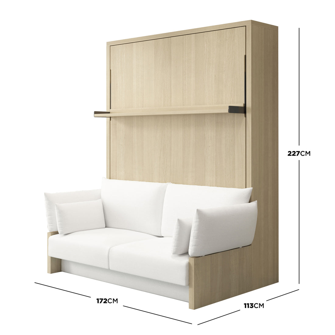 Byron Queen 2-in-1 Foldout Wall Bed & Sofa in White: Compact design integrates a two-seat sofa within a tall cabinet, featuring a hidden fold-up bed and shelf, ideal for space-saving versatility.