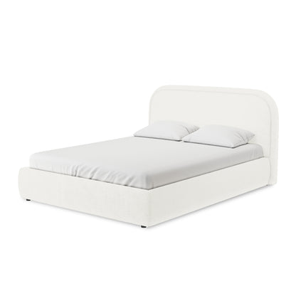 Calix Queen Boucle Bed Frame in Cream White, featuring a modern design with a softly rounded headboard, upholstered in cream-white boucle fabric, and a mattress with matching pillows on a sleek platform.