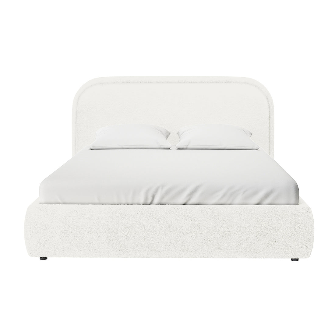 Calix Queen Boucle Bed Frame in Cream White features a low-profile design with a rounded rectangular headboard and matching frame, upholstered in textured fabric, and fitted with crisp white bedding and pillows.