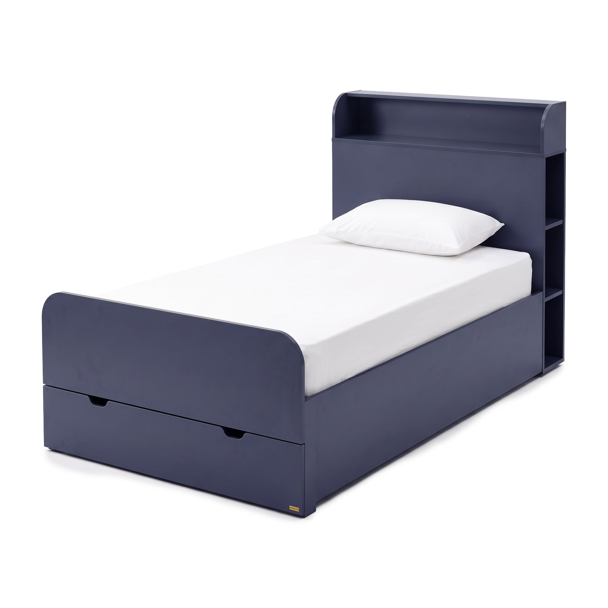 Full navy blue single bed with storage and shelving on a white background